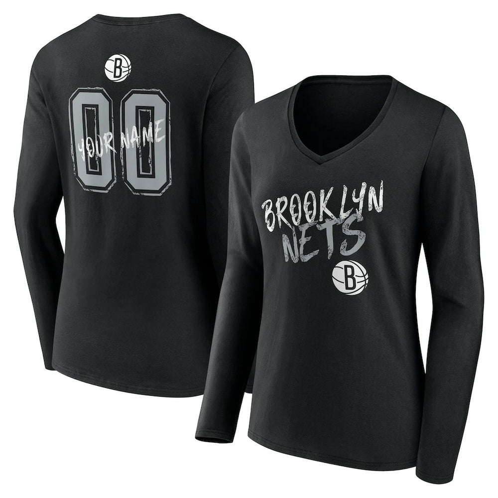 Black Brooklyn Nets Women's Hustle Custom Long Sleeve V-Neck T-Shirt | NBA