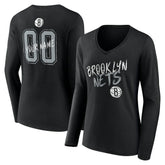 Black Brooklyn Nets Women's Hustle Custom Long Sleeve V-Neck T-Shirt | NBA