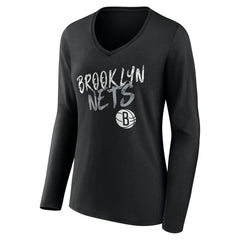 Black Brooklyn Nets Women's Hustle Custom Long Sleeve V-Neck T-Shirt | NBA