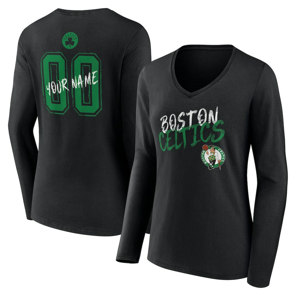 Black Boston Celtics Women's Hustle Custom Long Sleeve V-Neck T-Shirt | NBA