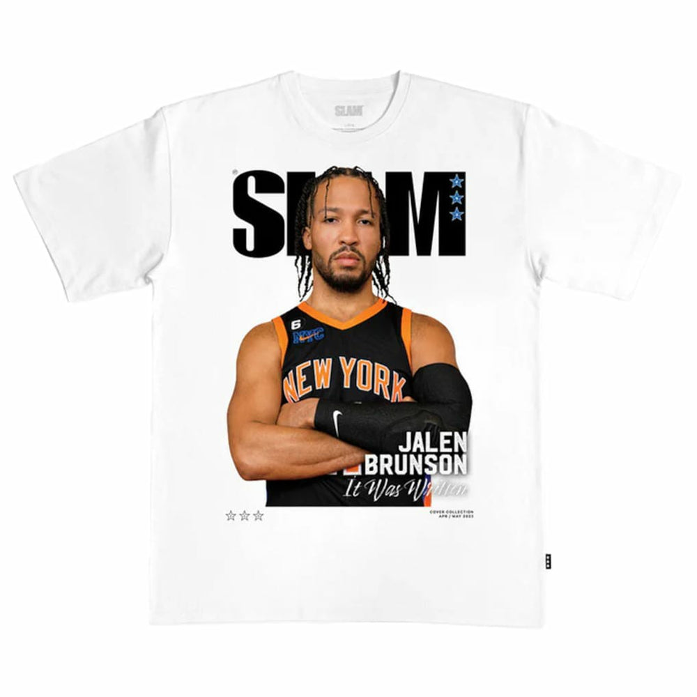 White Jalen Brunson New York Knicks SLAM Cover T-Shirt | NBA