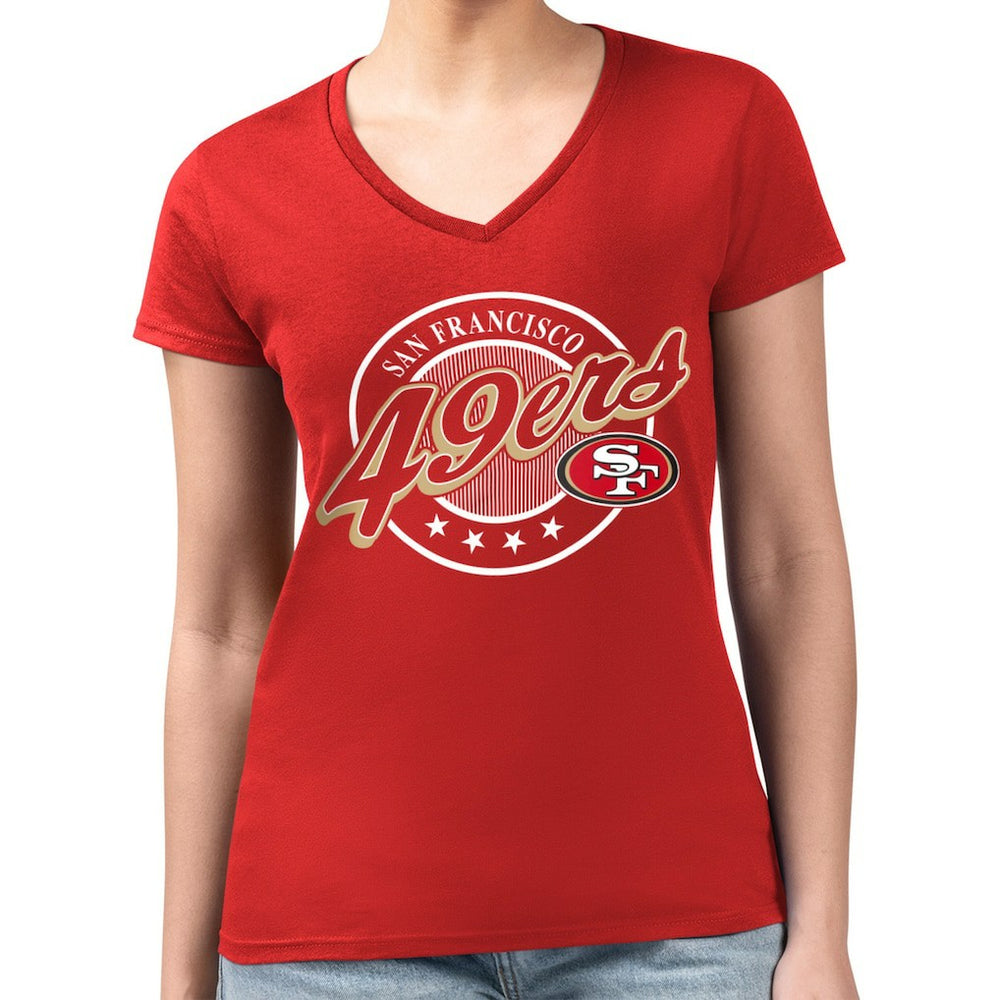 San Francisco 49ers G-III 4Her by Carl Banks Women's Super-Slim Fit Lightweight Pinstripe Circle V-Neck T-Shirt | NFL Sale