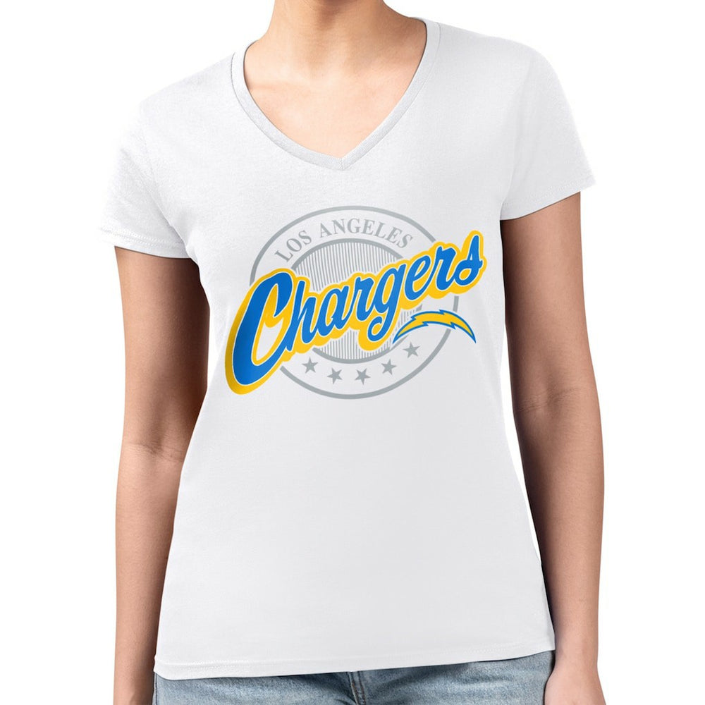 Los Angeles Chargers G-III 4Her by Carl Banks Women's Super-Slim Fit Lightweight Pinstripe Circle V-Neck T-Shirt | NFL Discount