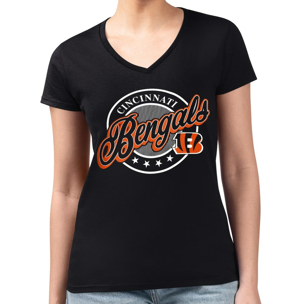 Cincinnati Bengals G-III 4Her by Carl Banks Women's Super-Slim Fit Lightweight Pinstripe Circle V-Neck T-Shirt | NFL Sale