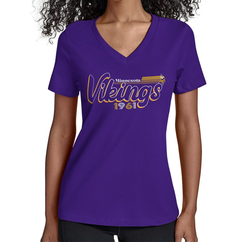 Minnesota Vikings Starter Women's Groovy Script V-Neck T-Shirt | NFL Discount