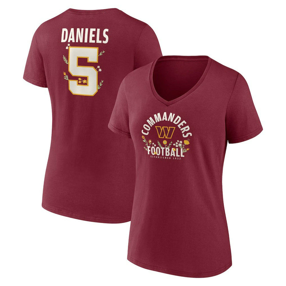 Washington Commanders Jayden Daniels Women's Floral Name & Number V-Neck T-Shirt | NFL Outlet