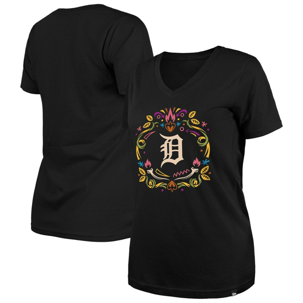 Detroit Tigers New Era Women's Día de los Muertos V-Neck T-Shirt - MLB T-shirts