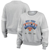 Gray New York Knicks WEAR by Erin Andrews Women's Sleeve Stripe Fleece Crewneck Sweatshirt | NBA