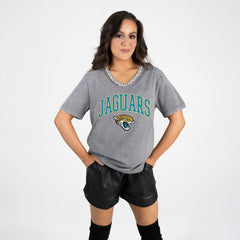 Jacksonville Jaguars Gameday Couture Women's Relaxed Iconic Edge Rhinestone V-Neck T-Shirt | NFL Discount