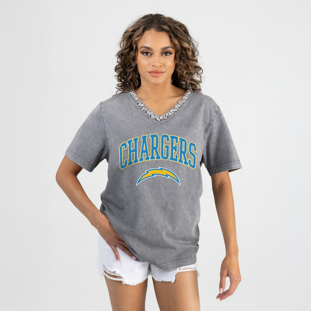 Los Angeles Chargers Gameday Couture Women's Relaxed Iconic Edge Rhinestone V-Neck T-Shirt | NFL Discount