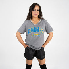 Los Angeles Chargers Gameday Couture Women's Relaxed Iconic Edge Rhinestone V-Neck T-Shirt | NFL Discount