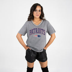 New England Patriots Gameday Couture Women's Relaxed Iconic Edge Rhinestone V-Neck T-Shirt | NFL Hot
