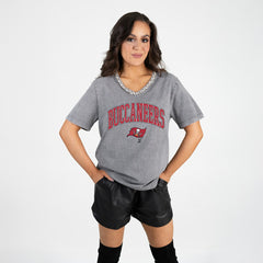 Tampa Bay Buccaneers Gameday Couture Women's Relaxed Iconic Edge Rhinestone V-Neck T-Shirt | NFL Sale