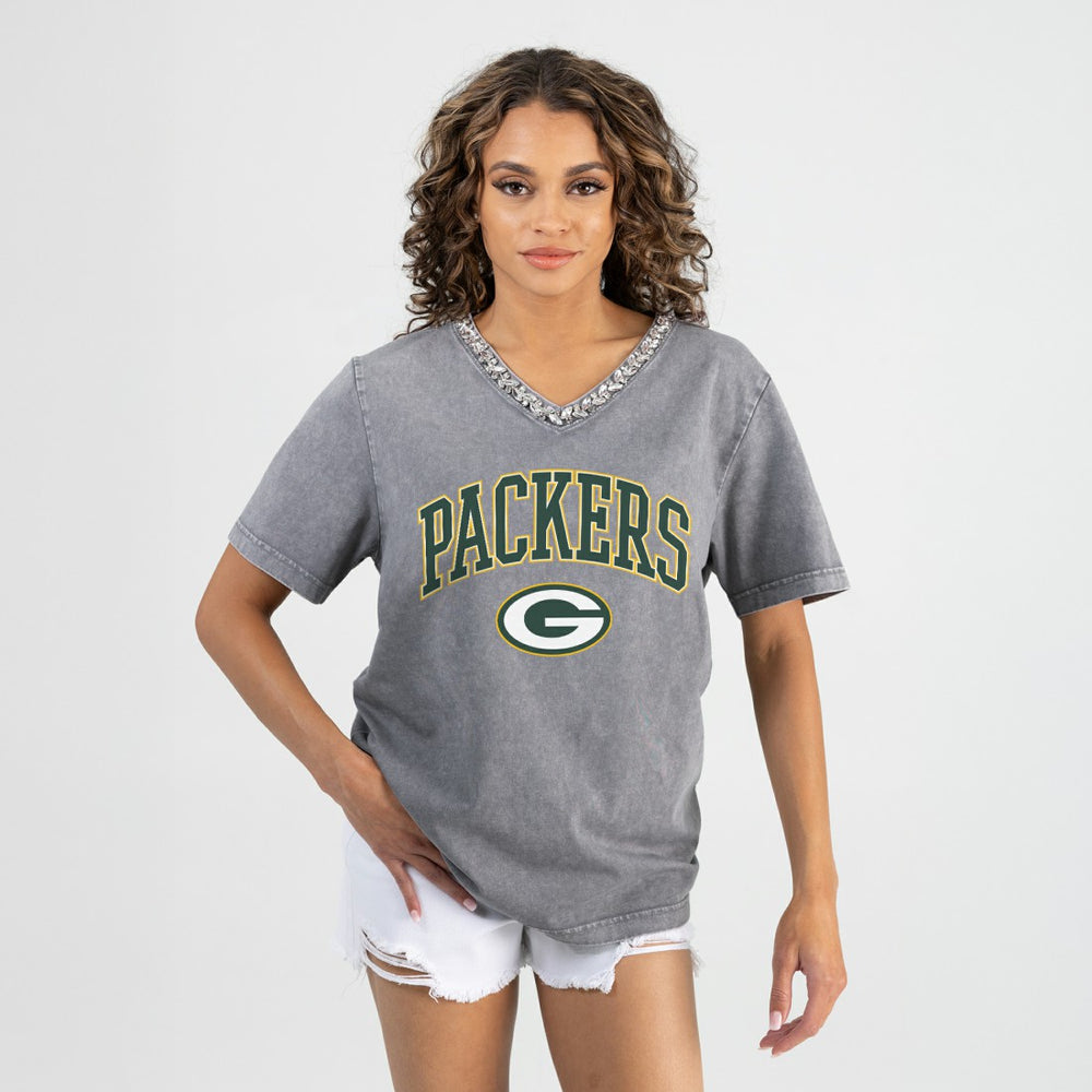 Green Bay Packers Gameday Couture Women's Relaxed Iconic Edge Rhinestone V-Neck T-Shirt | NFL Near me