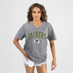 Green Bay Packers Gameday Couture Women's Relaxed Iconic Edge Rhinestone V-Neck T-Shirt | NFL Near me