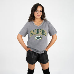 Green Bay Packers Gameday Couture Women's Relaxed Iconic Edge Rhinestone V-Neck T-Shirt | NFL Near me