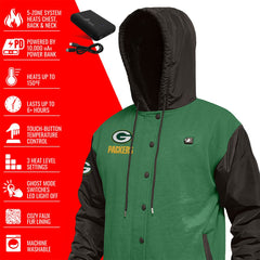 Green Bay Packers ActionHeat 5V Battery Heated Full-Snap Varsity Jacket | NFL Online
