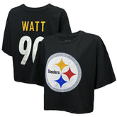 Pittsburgh Steelers T.J. Watt Majestic Threads Women's Swarovski Crystals Boxy Cropped Name & Number T-Shirt | NFL Outlet