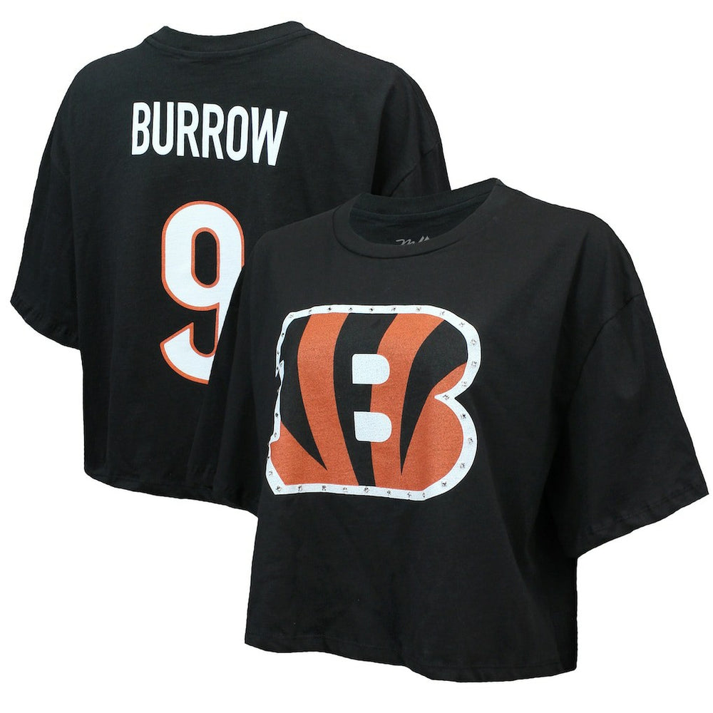 Cincinnati Bengals Joe Burrow Majestic Threads Women's Swarovski Crystals Boxy Cropped Name & Number T-Shirt | NFL New