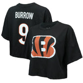 Cincinnati Bengals Joe Burrow Majestic Threads Women's Swarovski Crystals Boxy Cropped Name & Number T-Shirt | NFL New
