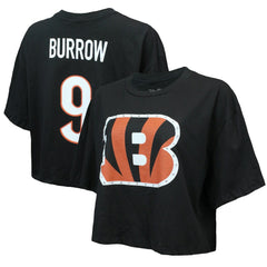 Cincinnati Bengals Joe Burrow Majestic Threads Women's Swarovski Crystals Boxy Cropped Name & Number T-Shirt | NFL New