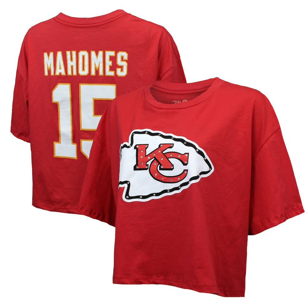 Kansas City Chiefs Patrick Mahomes Majestic Threads Women's Swarovski Crystals Boxy Cropped Name & Number T-Shirt | NFL Near me