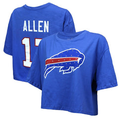 Buffalo Bills Josh Allen Majestic Threads Women's Swarovski Crystals Boxy Cropped Name & Number T-Shirt | NFL Hot
