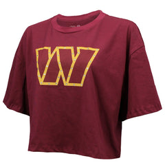 Washington Commanders Jayden Daniels Majestic Threads Women's Swarovski Crystals Boxy Cropped Name & Number T-Shirt | NFL Near me