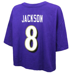 Baltimore Ravens Lamar Jackson Majestic Threads Women's Swarovski Crystals Boxy Cropped Name & Number T-Shirt | NFL On sale