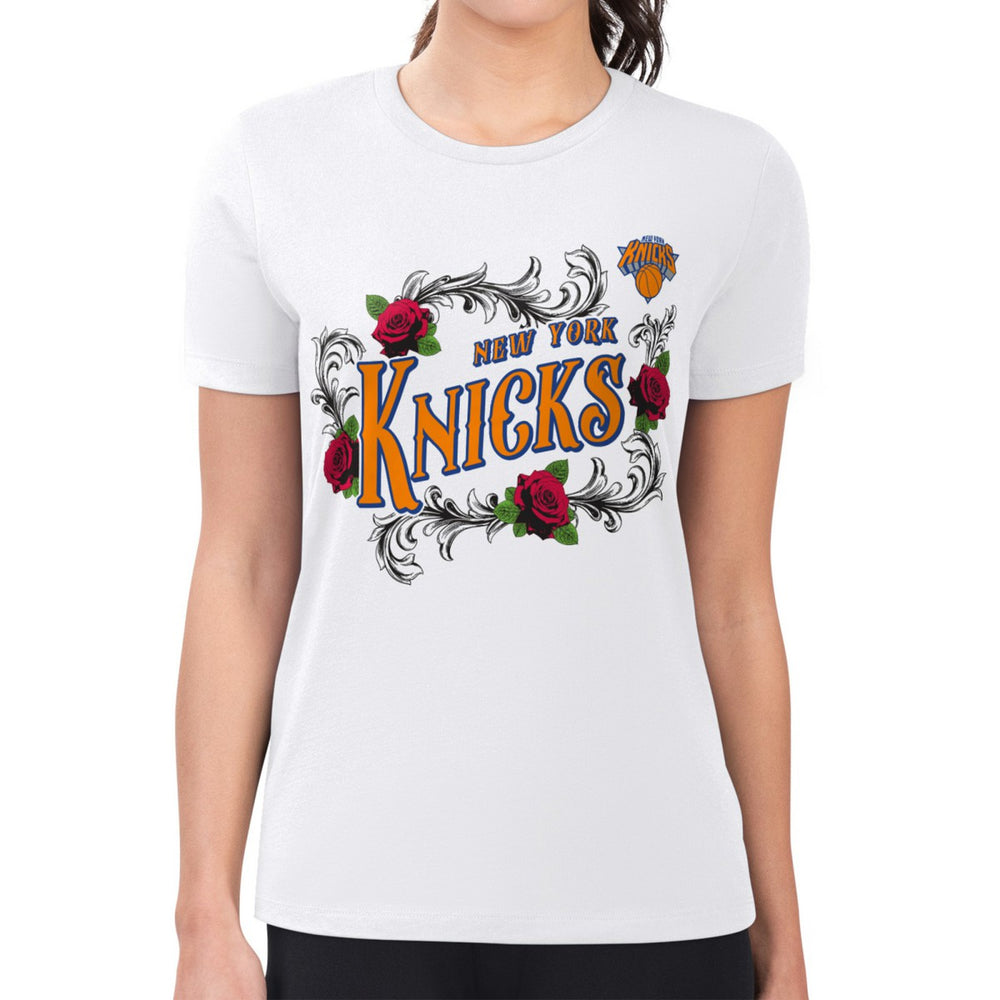 White New York Knicks G-III 4Her by Carl Banks Women's Super-Slim Fit Lightweight Roses Crew Neck T-Shirt | NBA