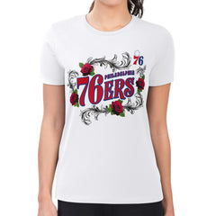 White Philadelphia 76ers G-III 4Her by Carl Banks Women's Super-Slim Fit Lightweight Roses Crew Neck T-Shirt | NBA