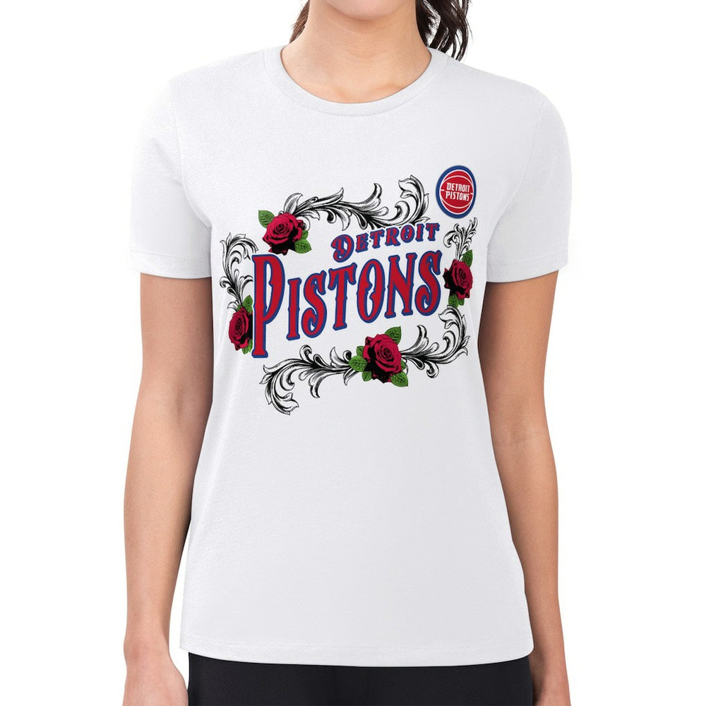 White Detroit Pistons G-III 4Her by Carl Banks Women's Super-Slim Fit Lightweight Roses Crew Neck T-Shirt sale | NBA