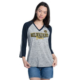 Milwaukee Brewers G-III 4Her by Carl Banks Women's Speed Training 3/4-Sleeve Rhinestone V-Neck T-Shirt - MLB T-shirts