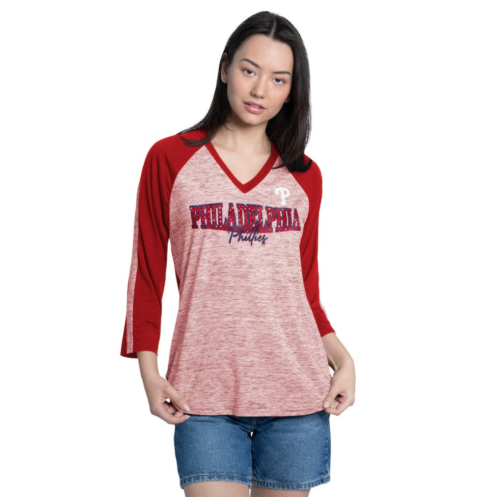 Philadelphia Phillies G-III 4Her by Carl Banks Women's Speed Training 3/4-Sleeve Rhinestone V-Neck T-Shirt - MLB T-shirts