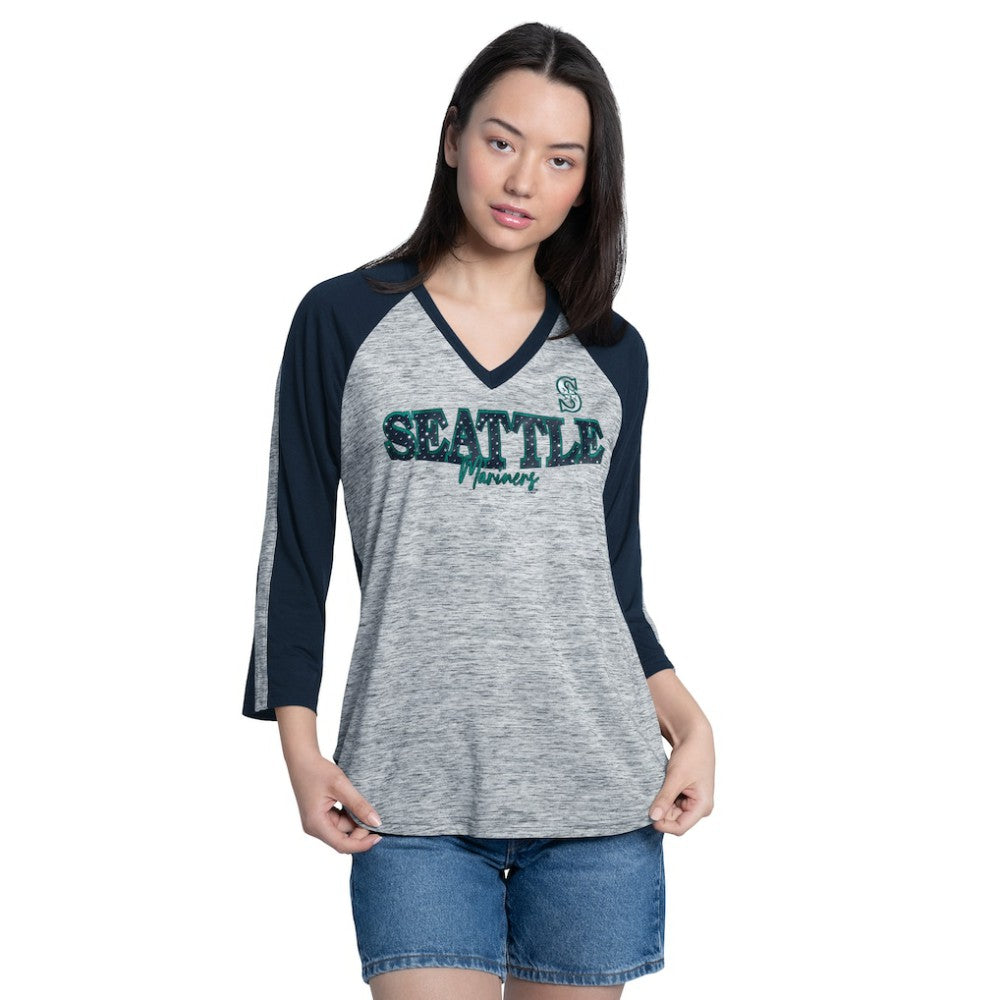 Seattle Mariners G-III 4Her by Carl Banks Women's Speed Training 3/4-Sleeve Rhinestone V-Neck T-Shirt - MLB T-shirts