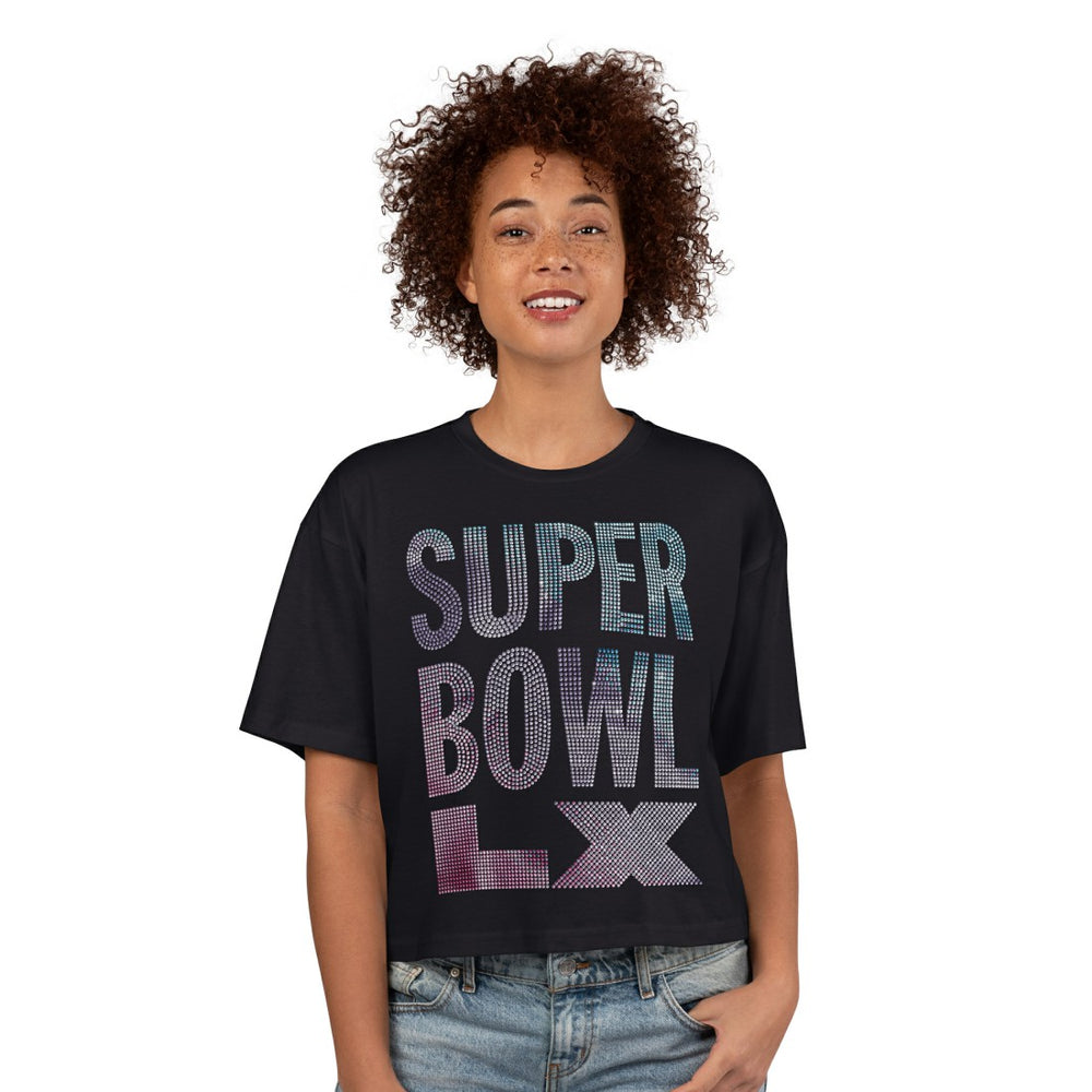 New England Patriots Super Bowl LX G-III 4Her by Carl Banks Women's Play Ball Oversized Rhinestone Cropped T-Shirt | NFL Online