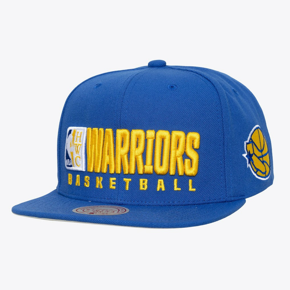Royal Golden State Warriors Hardwood Classics Old School Stacked Text Snapback Hat sale | NBA