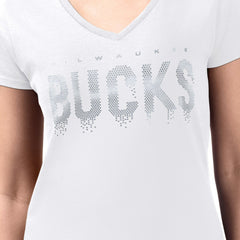 White Milwaukee Bucks G-III 4Her by Carl Banks Women's Super-Slim-Fit Metallic Drop Lightweight V-Neck T-Shirt | NBA