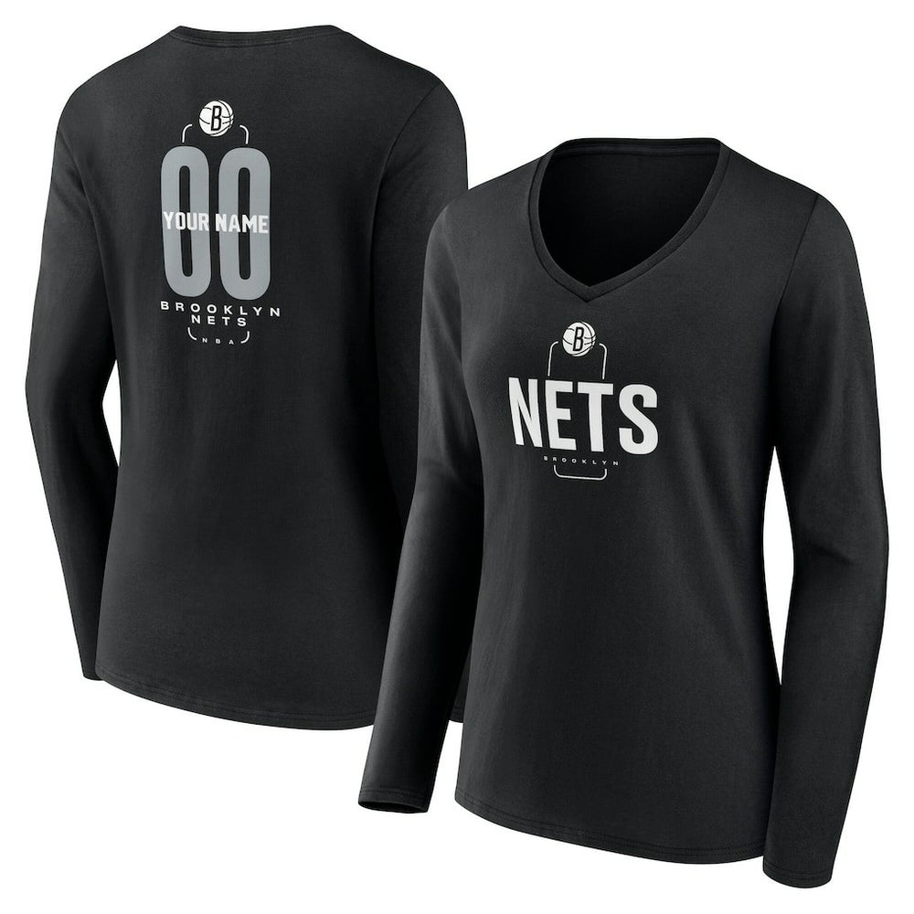 Black Brooklyn Nets Women's Center Court Name & Number Custom Long Sleeve V-Neck T-Shirt | NBA