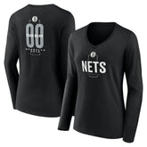 Black Brooklyn Nets Women's Center Court Name & Number Custom Long Sleeve V-Neck T-Shirt | NBA