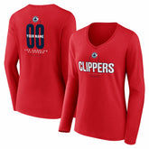 Red LA Clippers Women's Center Court Name & Number Custom Long Sleeve V-Neck T-Shirt | NBA