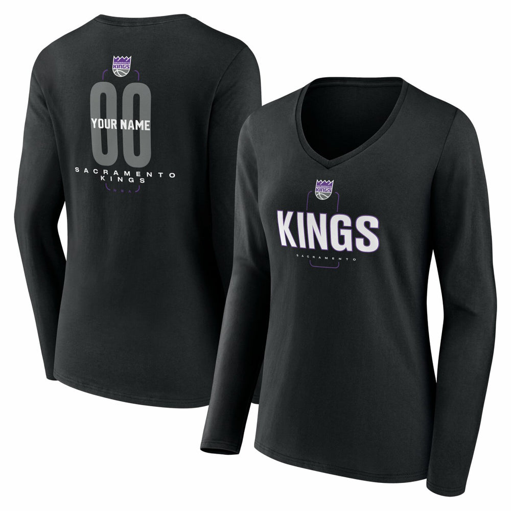 Black Sacramento Kings Women's Center Court Name & Number Custom Long Sleeve V-Neck T-Shirt | NBA