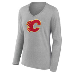 Calgary Flames Women's Primary Logo Long Sleeve V-Neck T-Shirt - NHL T-shirts