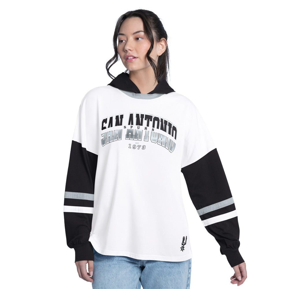 White/Black San Antonio Spurs G-III 4Her by Carl Banks Women's Key Player Oversized Hooded Long Sleeve T-Shirt | NBA