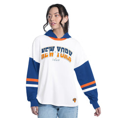 White/Royal New York Knicks G-III 4Her by Carl Banks Women's Key Player Oversized Hooded Long Sleeve T-Shirt | NBA