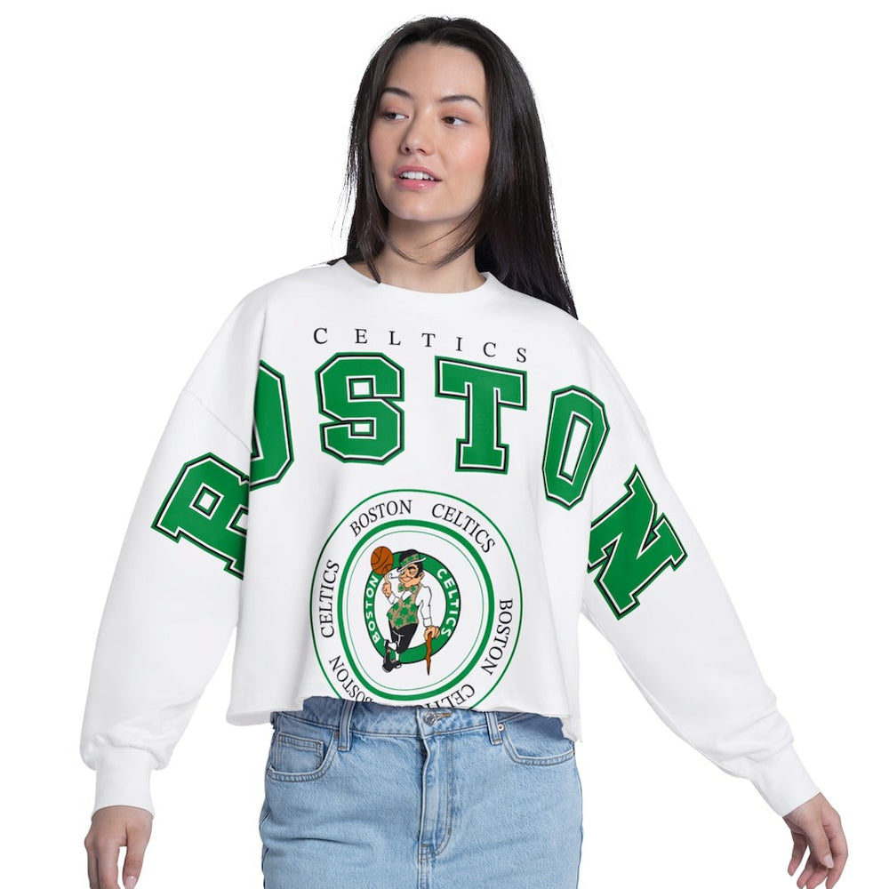 White Boston Celtics G-III 4Her by Carl Banks Women's Bleachers Cropped French Terry Sweatshirt | NBA