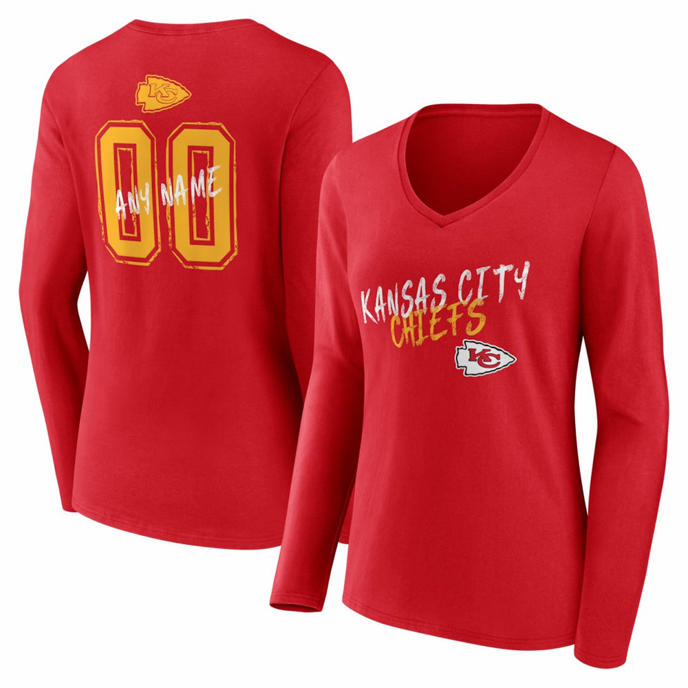 Kansas City Chiefs Women's Hustle Personalized Name & Number Long Sleeve V-Neck T-Shirt | NFL New