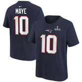 New England Patriots Drake Maye Youth Super Bowl LX Patch Name & Number T-Shirt | NFL Hot