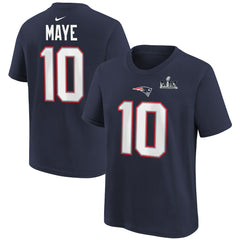 New England Patriots Drake Maye Youth Super Bowl LX Patch Name & Number T-Shirt | NFL Hot