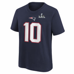 New England Patriots Drake Maye Youth Super Bowl LX Patch Name & Number T-Shirt | NFL Hot